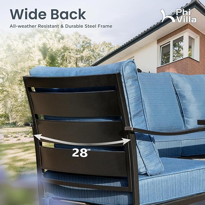 PHI VILLA 7 PCS Patio Furniture Set,Metal Outdoor Furniture with 1x 3 Seater Cushioned Deep Seating Bench Sofa, 2 Swivel Chair, 2 x Leg Chairs & 2 Ottoman for 7 Person, Peacock Blue
