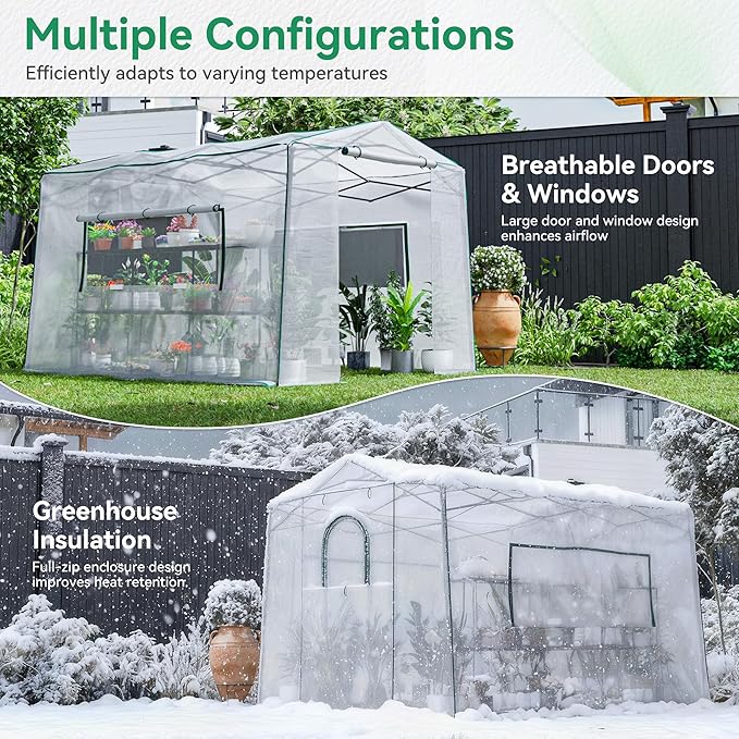 Joyside 12 x 8 FT Outdoor Pop up Greenhouse with Adjutable Reinforced Frame, Durable PE Cover and Mesh Windows, Portable Greenhouse for All Seasons, Easy Set Up (White, 12 x 8 FT)