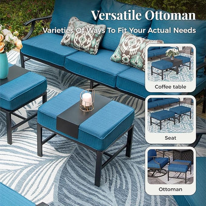 Patio Furniture Set, 6 Pcs Metal Outdoor Conversation Set, 2 Single Chairs, 2 Ottomans and 3 Seater Sofa with 5.75" Extra Thick Cushion and Gas Fire Pit Table, Gemstone Blue