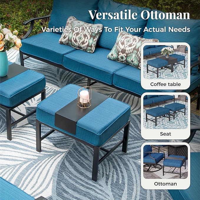 Patio Furniture Set 6 pcs, Outdoor Patio Furniture, 3-Seat Sofa, 2 Swivel Chairs, 2 Ottomans, Coffee Table and 5.75" Extra Thick Cushion, Conversation Set for Backyard Deck, Gemstone Blue