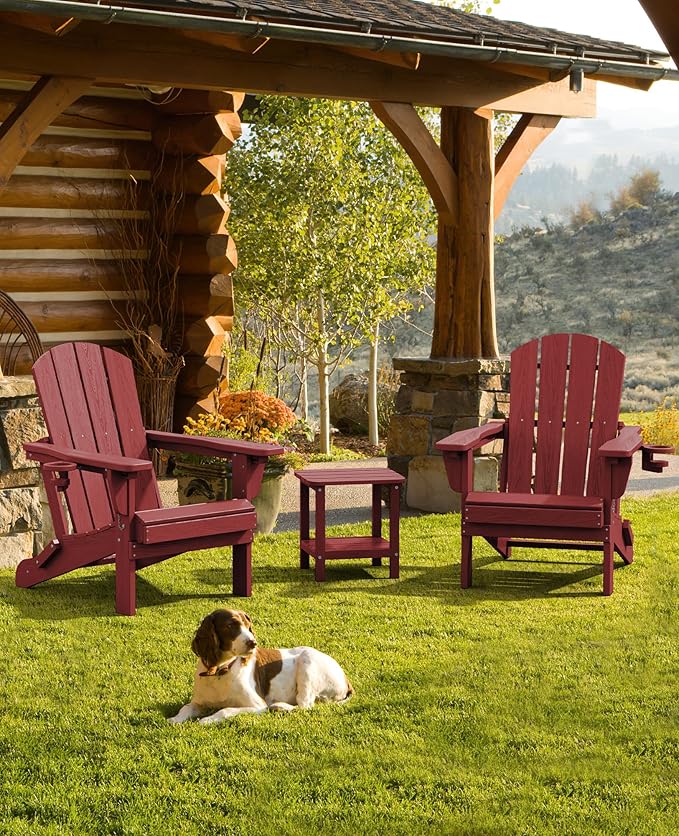 SERWALL Folding Adirondack Chair Set of 4, Adjustable Adirondack Chair with 3 Recline Positions, All Weather HDPE Outdoor Adirondack with Cup Holders, Red