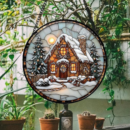 Stained Glass Window Hanging - Christmas Tree Cottage Sun Catcher for Door Garden Home Winter Decor Snowy Night Suncatcher Mother's Day Birthday Gifts for Women Men Mom Nana 15 in