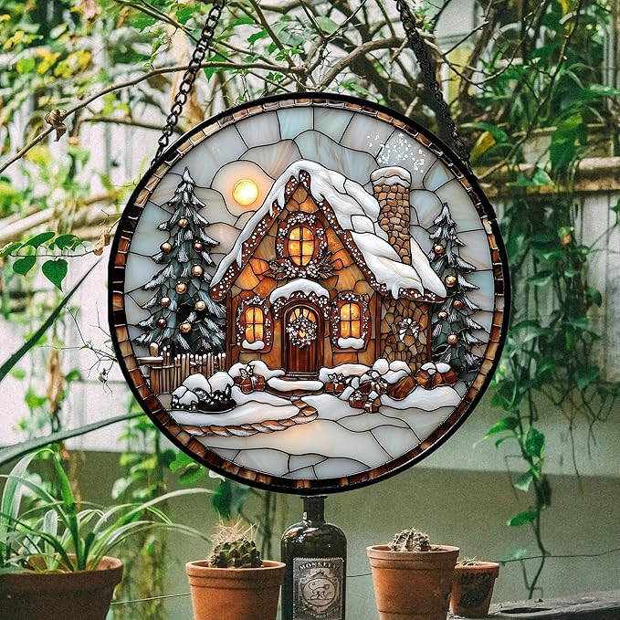 Stained Glass Window Hanging - Christmas Tree Cottage Sun Catcher for Door Garden Home Winter Decor Snowy Night Suncatcher Mother's Day Birthday Gifts for Women Men Mom Nana 9.8 in