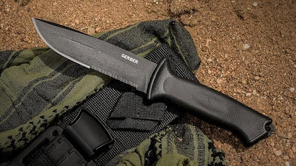 Gerber Gear Prodigy Fixed Blade Survival Tactical Knife - Full Tang, Serrated Edge Knife - American High Carbon Steel Blade - Molded Soft-Grip - with Protective MOLLE Sheath - Black