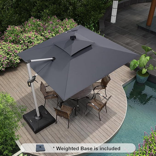 PURPLE LEAF 9 Feet Solar Powered LED Square Cantilever Umbrella With Base Patio Umbrellas Windproof Hanging Outdoor Umbrella Offset Umbrellas, Grey