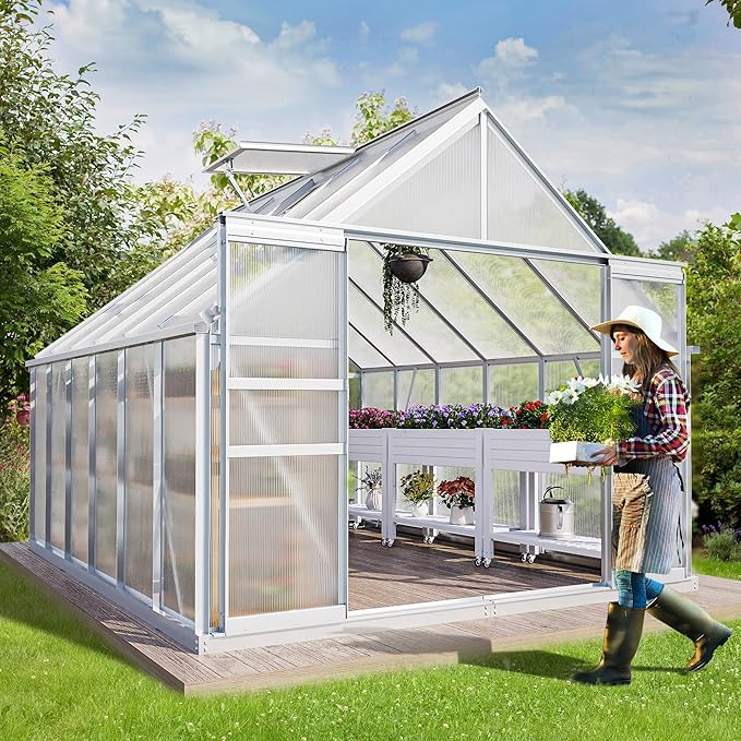 YITAHOME 8x12FT Polycarbonate Greenhouse for Outdoors, Large Heavy Duty Aluminum Greenhouses with Sliding Doors and Vent Window, Walk-in Greenhouse for Garden Backyard, Simple Setup, Silver