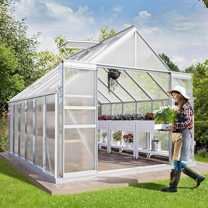 YITAHOME 8x12FT Polycarbonate Greenhouse for Outdoors, Large Heavy Duty Aluminum Greenhouses with Sliding Doors and Vent Window, Walk-in Greenhouse for Garden Backyard, Simple Setup, Silver