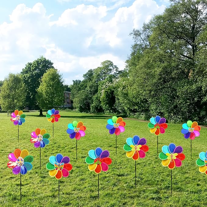 Outdoor Wind Spinners Yard Garden Decor 12in Shiny Pinwheel for Kids Rainbow Lawn Ornaments to Deter Animals (3 PCS)