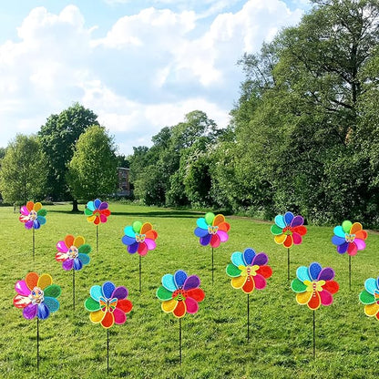 Outdoor Wind Spinners Yard Garden Decor 12in Shiny Pinwheel for Kids Rainbow Lawn Ornaments to Deter Animals (3 PCS)