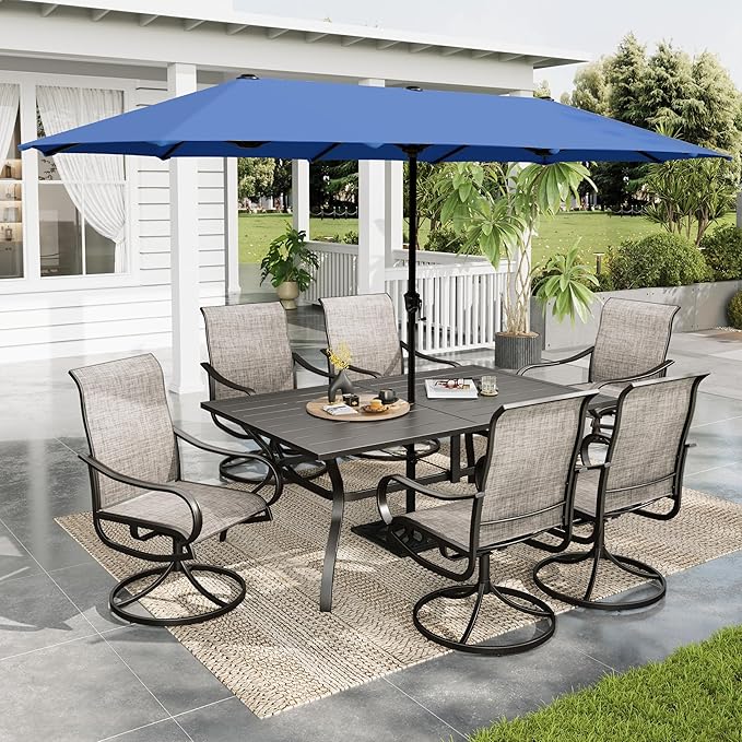 Sophia & William Patio Set with Umbrella 8 Pieces Outdoor Dining Set for 6 with 13ft Double-Sided Patio Umbrella Navy, 6 x Swivel Patio Chairs, 1 Metal Table for Lawn Garden