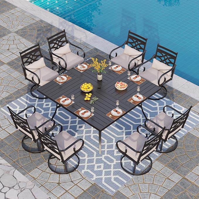 PHI VILLA 9 Pcs Patio Dining Sets,Outdoor Table Chair Set for 8 with Outdoor Swivel Chairs and Metal Frame Steel Square Table,Outdoor Dining Furniture with Cushion and Pillow for Garden Lawn Deck