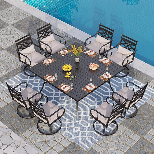PHI VILLA 9 Pcs Patio Dining Sets,Outdoor Table Chair Set for 8 with Outdoor Swivel Chairs and Metal Frame Steel Square Table,Outdoor Dining Furniture with Cushion and Pillow for Garden Lawn Deck