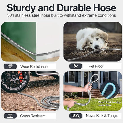 SPECILITE 50ft 304 Stainless Steel Garden Hose Metal, Heavy Duty Water Pipe with Nozzles for Yard, Outdoor - Flexible, Never Kink & Tangle, Puncture Resistant (Sliver)