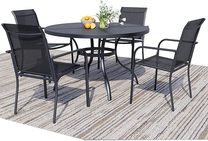 5 Pieces Round Dining Table Set for 4, Patio Dining Set Includes 4 Black Stackable Patio Chairs and 1 Black Mesh Round Table, Patio Furniture Sets with Sling Support for Outside, Garden