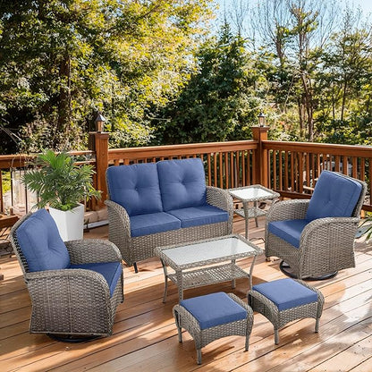 7 Piece Patio Furniture Set - Wicker Patio Conversation Set with Swivel Glider, Glider Loveseat, Tempered Glass Side Table and 2 Ottomans for Deck Backyard - Grey Wicker Blue Cushion