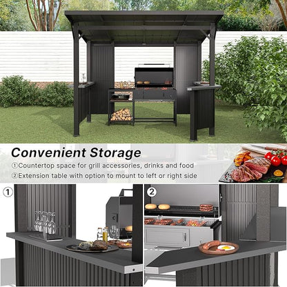 Gotland 10 FT x 10 FT Hardtop Grill Gazebo, BBQ Gazebo with 2 Extended Countertop 2 Side Shelves Drainage Holes Sloping Roof, Metal BBQ Canopy in 2 Combination Styles, for Patio Backyard Black