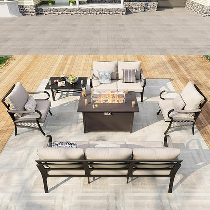 6 Pieces Outdoor Patio Conversation Sets with All Weather Cushions, Metal 3-Seater, 2 Single Chairs, 1 Loveseat, 1 Coffee Table, 1 Fire Pit Table for Backyard Deck Porch Poolside, Beige