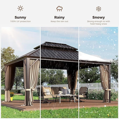 GREEN PARTY 12 X 16ft Hardtop Gazebo with Nettings and Curtains, Heavy Duty Double Roof Galvanized Steel, Outdoor Aluminum Gazebos Pergolas for Patios, Backyard, Deck, Garden, Lawns