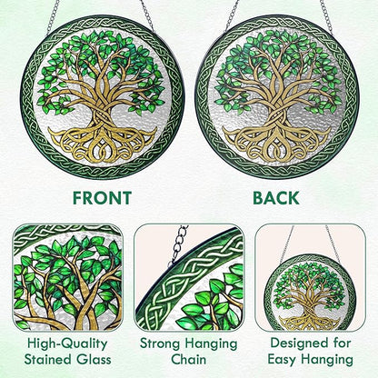 FLAGWIX Christmas Tree of Life Gifts for Women Men - Stained Glass Window Hanging 8 in - Xmas Birthday Gifts for Mom Grandma, Tree of Life Christmas Decorations Indoor, Celtic Suncatchers Garden Decor