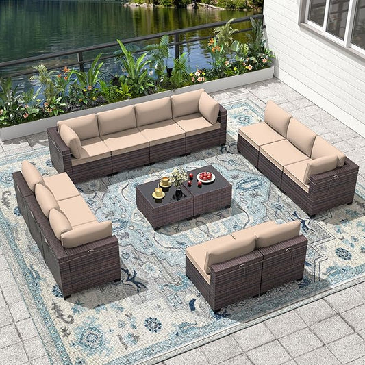 Outdoor Patio Furniture Set, 14 Pieces Outdoor Furniture All Weather Patio Sectional Sofa PE Wicker Modular Conversation Sets with Coffee Table,12 Chairs & Seat Clips(Sand)