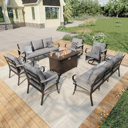 8 Pieces Patio Conversation Sets, All Weather Metal Outdoor Furniture Set, 2 Three-Seater, 2 Swivel Rockers, 2 Single Chairs, 1 Side Tables, 1 Fire Pit Table for Backyard Garden Deck Porch, Gray