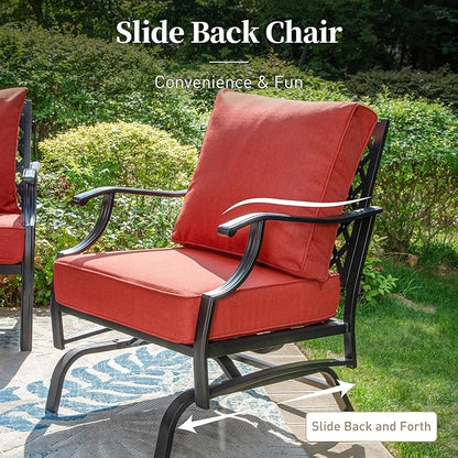 4 Piece Metal Outdoor Patio Furniture Set, Patio Conversation Set 1 3-Seater Sofa, 2 Rocking Chair with 5.75" Extra Thick Cushion and Coffee Table, Black Frame Backyard Furniture, Red