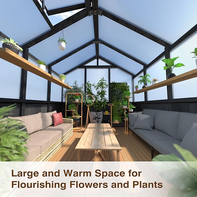 6x8 FT Greenhouse Kit for Outdoor, Thickened Polycarbonate Panel Wooden Walk-in Green House with Lockable Door and Adjustable Roof Vent, Backyard Garden, Black