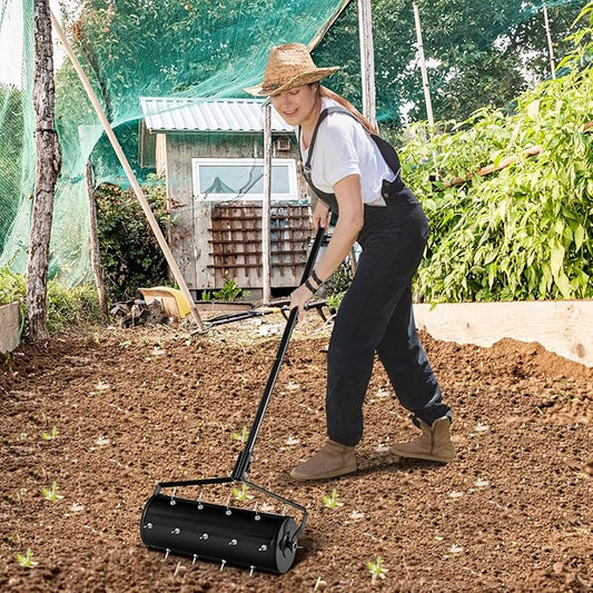 IRONMAX Rolling Lawn Aerator, Sand/Stone Filled Manual Dethatching Soil Aerating Push Tool with Ergonomic Handle, Grass Aerator Lawn Tool for Yard, Garden, Lawn Health Care (21''W x 51''H)