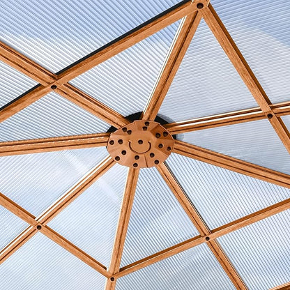 TOOLPORT Hardtop Gazebo 10x10 ft with Polycarbonate Roof - Wood-Like Finish - 4 Side Panels in Champagne