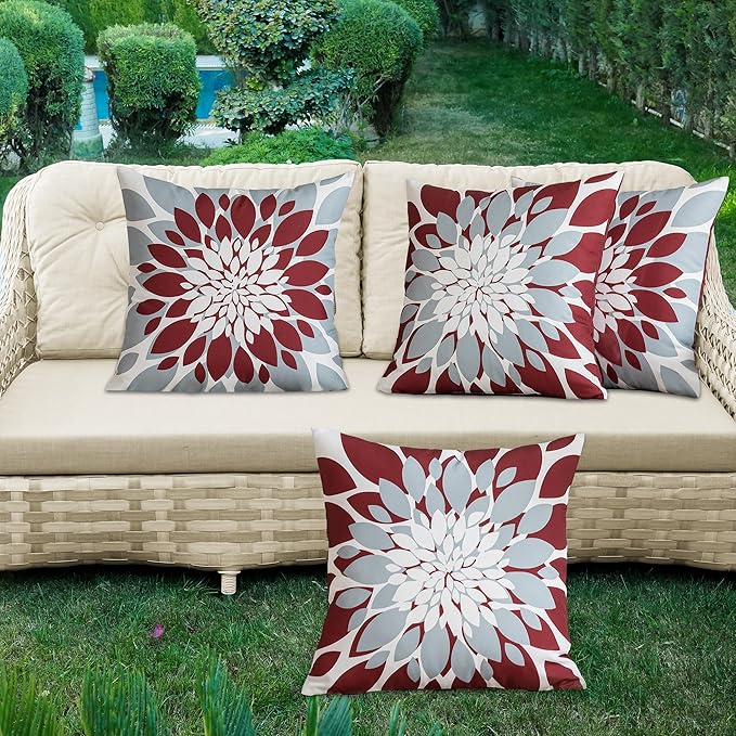 Qahing Pack of 4 Outdoor Waterproof Pillow Covers 22x22 Decorative Outdoor Throw Pillows Garden Square Cushion Cases for Patio Furniture, Couch, Tent Sunbrella, Bench, Burgundy Red Grey