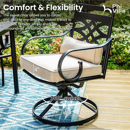 PHI VILLA 5 Pcs Patio Dining Sets,Outdoor Table Chair Set for 4 with Outdoor Swivel Chairs and Metal Frame Steel Round Table,Outdoor Dining Furniture with Cushion and Pillow for Garden Lawn Deck