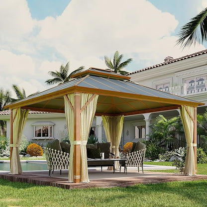 MELLCOM 12x14FT Hardtop Gazebo,Wooden Finish Coated Aluminum Patio Gazebo with Aluminum Composite Double Roof for Patio Lawn and Garden, Curtains and Netting Included