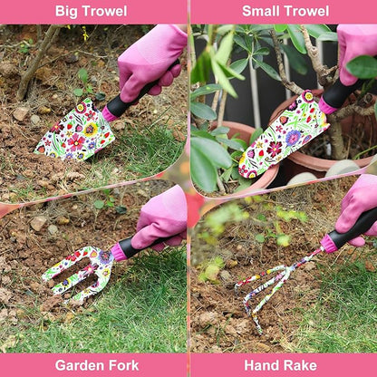 Housolution Gardening Tools Set, 10 PCS Stainless Steel Heavy-Duty with Non-slip Soft Rubber Handle with Large Garden Bag, Floral Pattern Gardening Tool Set Gifts for Women Birthday Mother's Day, Pink