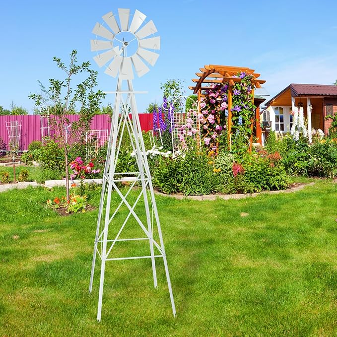 Garden Windmill for Yard Decor, 8 ft Tall Metal Windmill with Spinning Blades, Weather-Resistant Outdoor Windmill for Lawn, Farmhouse, Rustic & Farm Decor,White