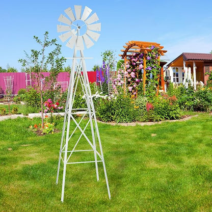 Garden Windmill for Yard Decor, 8 ft Tall Metal Windmill with Spinning Blades, Weather-Resistant Outdoor Windmill for Lawn, Farmhouse, Rustic & Farm Decor,White