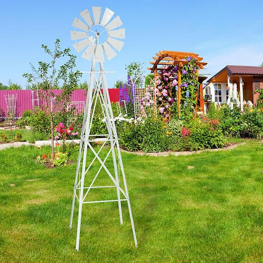 Garden Windmill for Yard Decor, 8 ft Tall Metal Windmill with Spinning Blades, Weather-Resistant Outdoor Windmill for Lawn, Farmhouse, Rustic & Farm Decor,White