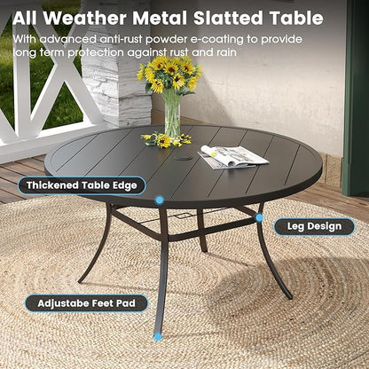 DIFY 7 Pieces Outdoor Patio Dining Set, 6 Brown Textilene Swivel Dining Chairs and 53" Black Round Metal Dining Table, Outdoor Table and Chairs