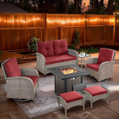 7 Piece Patio Furniture Set with Fire Pit Table - Wicker Patio Conversation Set with Swivel Glider, Glider Loveseat, Side Table and 2 Ottomans for Deck Backyard - Grey Wicker Red Cushion