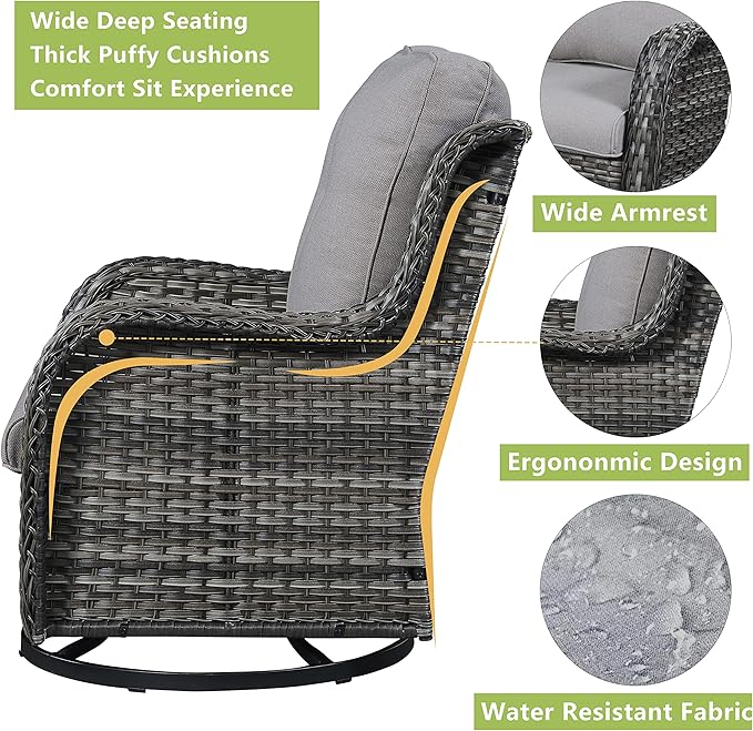 Rilyson 5 Piece Outdoor Patio Furniture Set - Rattan Wicker Patio Conversation Sets with 2 Swivel Rocker Chairs,2 Ottomans and 1 Sofa for Outside Porch Deck Backyard(Mixed Grey/Grey)
