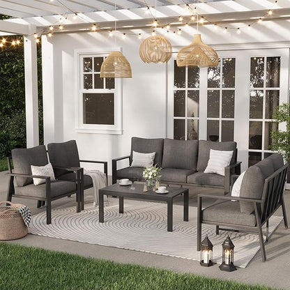 Aluminum Patio Conversation Set with Coffee Table 4PCS Deck Outdoor Furniture 7-Seat All-Weather Rust-Proof Sectional Sofa Set with Removable Cushion for Backyard, Poolside & Small Spaces