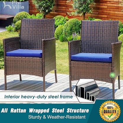 PHI VILLA 5 Piece Patio Dining Set for 4, 37" Square Metal Dining Table with Umbrella Hole & 4 Cushioned Rattan Chairs for Outdoor, Deck, Yard, Porch