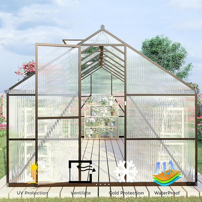 CQZY 8x12 FT Greenhouse for Outdoors, Polycarbonate Greenhouse with Quick Setup Structure and Roof Vent, Aluminum Large Walk-in Green House for Outside Garden Backyard, Dark Gray