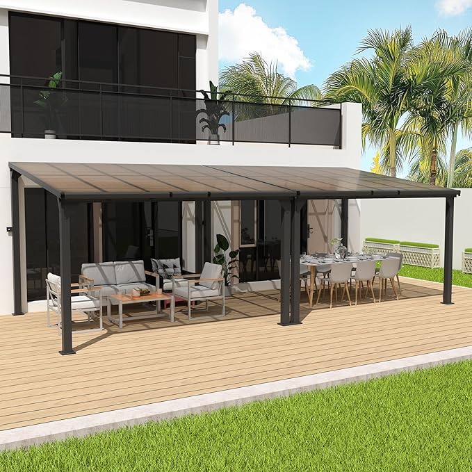 10 * 24FT Wall Mounted Gazebo,4*4 Inch Thickened Pillars & Enlarged Base,Outdoor Hardtop Lean to Pergola,UV Resistant Polycarbonate Roof,Aluminum Frame Pergola,Outdoor Patio Awnings for Lawn