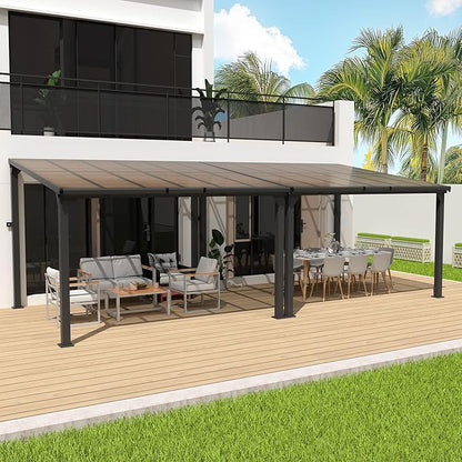 10 * 24FT Wall Mounted Gazebo,4*4 Inch Thickened Pillars & Enlarged Base,Outdoor Hardtop Lean to Pergola,UV Resistant Polycarbonate Roof,Aluminum Frame Pergola,Outdoor Patio Awnings for Lawn