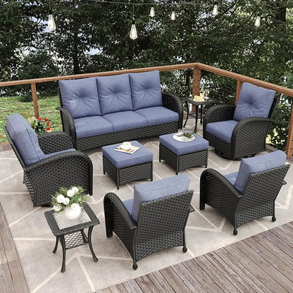 9 Pieces Patio Furniture Sets, Wicker Rattan High Back Outdoor Swivel Rocking Chairs Set with 3-Seat Couch, Ottomans and Side Table