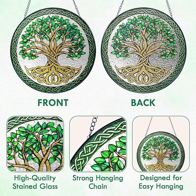 FLAGWIX Christmas Tree of Life Gifts for Women Men - Stained Glass Window Hanging 8 in - Xmas Birthday Gifts for Mom Grandma, Celtic Decor Suncatchers for Windows Hanging, Christmas Decoration