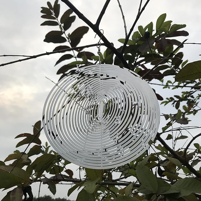 Hanging Wind Spinner Outdoor Metal Decorations, Silver Wind Spinners for Yard and Garden,3D Mirror Stainless Steel Wind Sculptur Chime Indoor Outdoor Garden Decoration Worth Gift （Round）