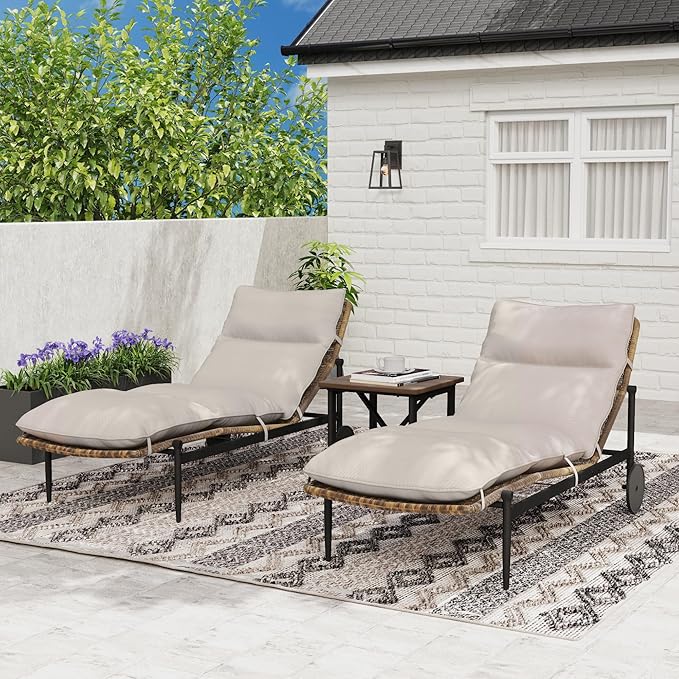 Chaise Lounge Chair Outdoor 3PCS - PE Rattan Wicker Patio Pool Lounge Chairs Set of 2 with Cushion and Wheels, Aluminum Waterproof Lounger with Wood Side Table for Poolside Backyard Porch