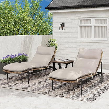 Chaise Lounge Chair Outdoor 3PCS - PE Rattan Wicker Patio Pool Lounge Chairs Set of 2 with Cushion and Wheels, Aluminum Waterproof Lounger with Wood Side Table for Poolside Backyard Porch