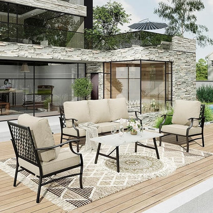 HERA'S HOUSE 4 Piece Patio Furniture Set, 2 x Metal Frame Cushioned Chair, 3-Seat Sofa with Marbling Coffee Table, All Weahter Outdoor Conversation Set for Lawn Garden Backyard